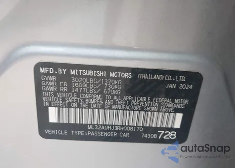 2024 Mitsubishi Mirage Es/Le из США, поврежденный, VIN ML32AUHJ3RH008170